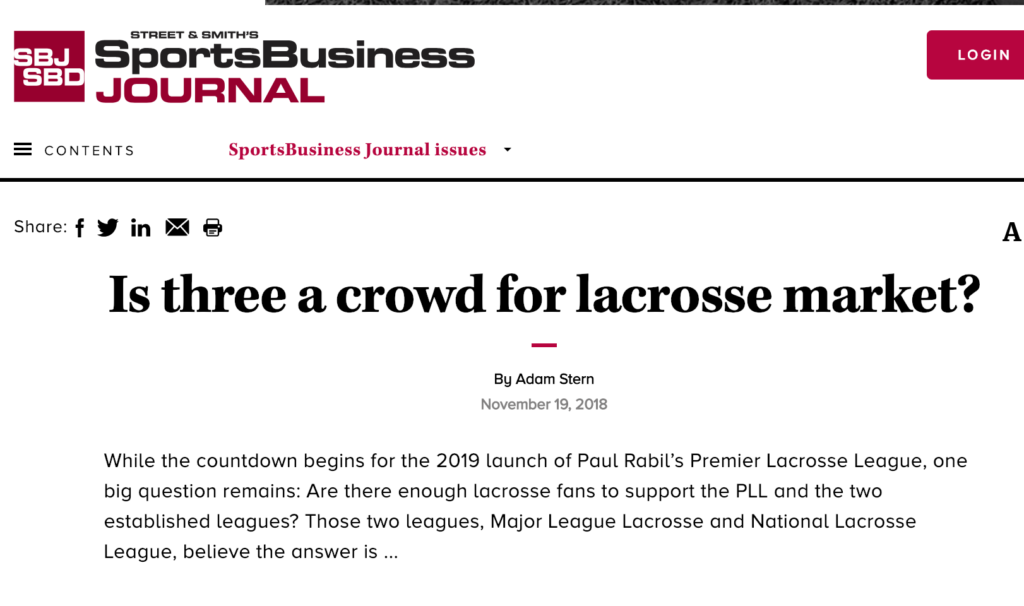 Sports Business Journal “Is three a crowd for lacrosse market