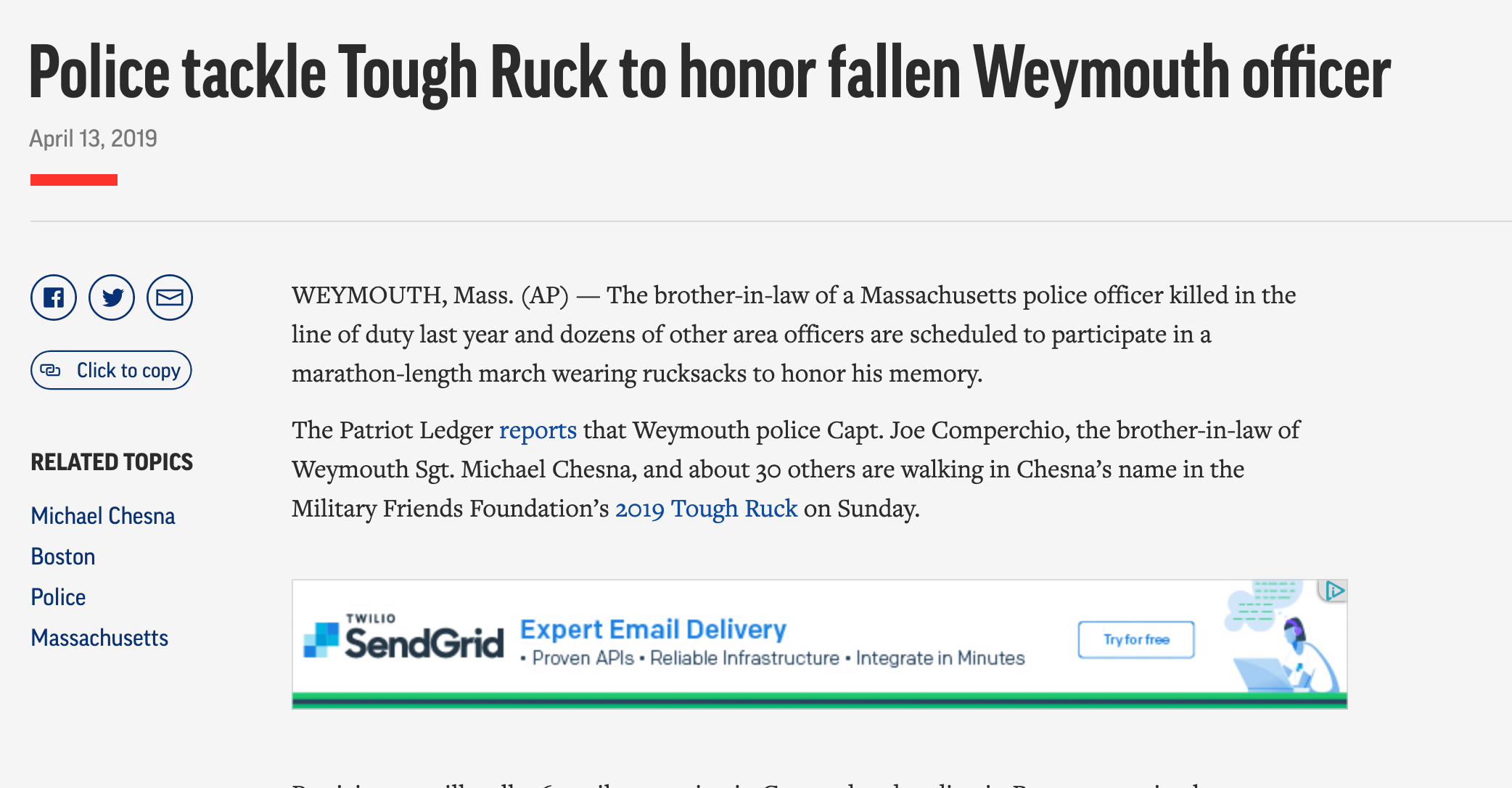 Associated Press – “Police tackle Tough Ruck to honor fallen Weymouth officer”