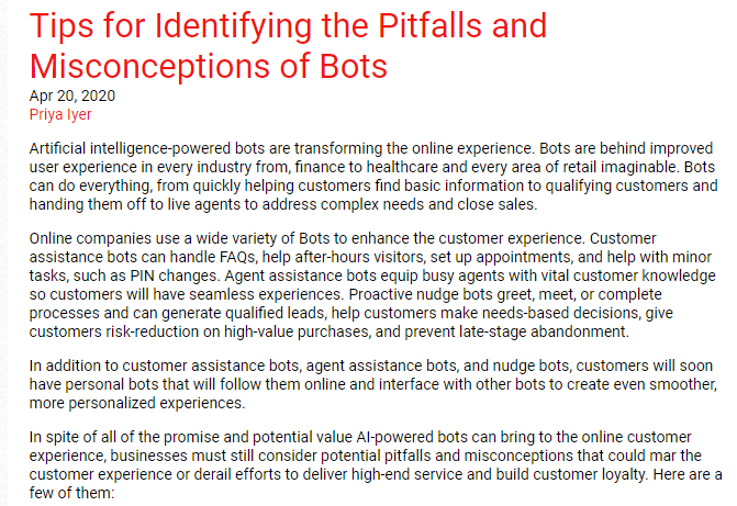SmartCustomerService.com, “Tips for Identifying the Pitfalls and Misconceptions of Bots”