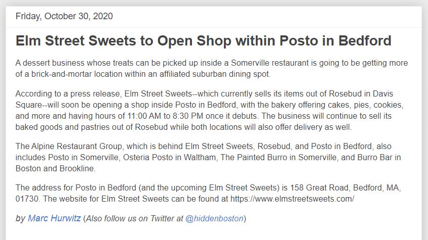 Boston Restaurant Talk, “Elm Street Sweets to Open Shop within Posto in Bedford”