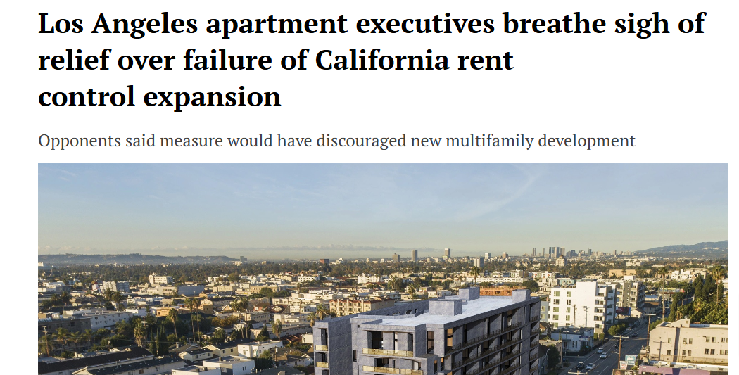 Los Angeles apartment executives breathe sigh of relief over failure of California rent control expansion, CoStar