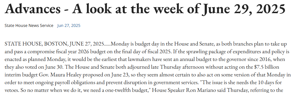 Advances – A look at the week of June 1, 2025, State House News Service