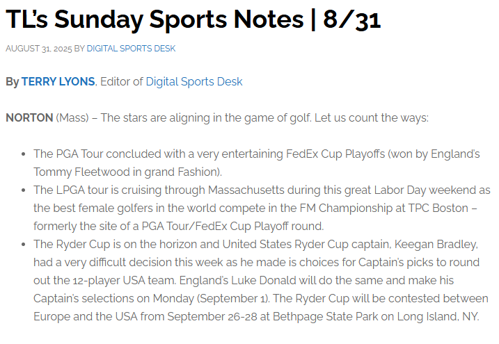 Joshua Milne PR: TL-s-Sunday-Sports-Notes-8-31-Digital-Sports-Desk