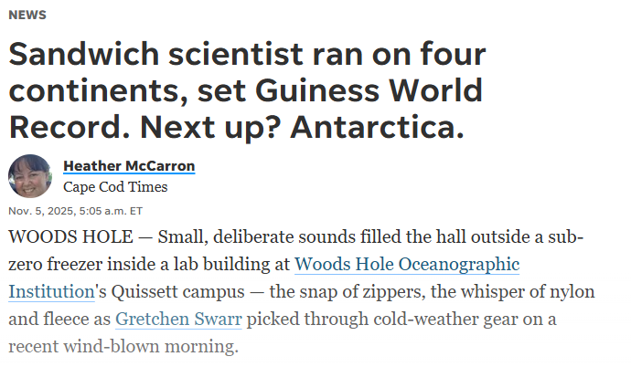 Sandwich scientist ran on four continents, set Guiness World Record. Next up? Antarctica, Cape Cod Times