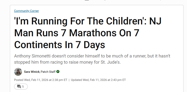 I’m Running For The Children’: NJ Man Runs 7 Marathons On 7 Continents In 7 Days, Patch