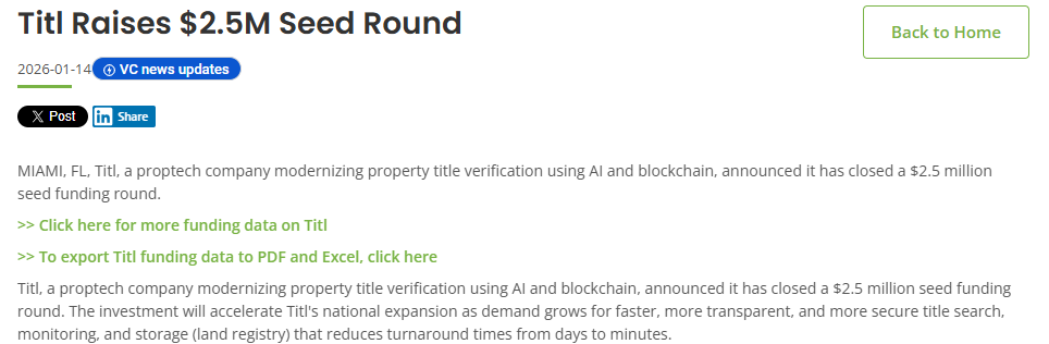 Titl Raises $2.5M Seed Round, VC Daily News