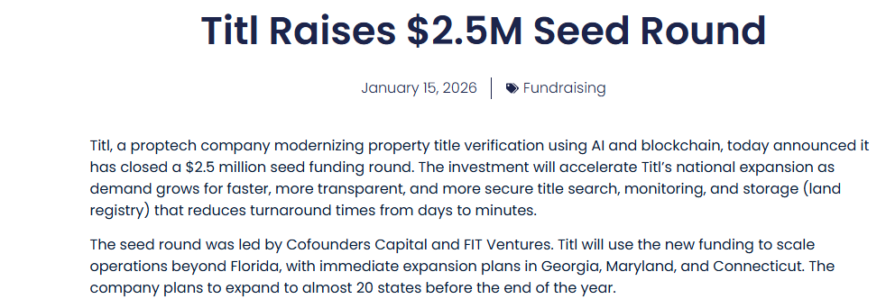 Titl Raises $2.5M Seed Round, PropTech Connect